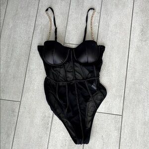 Fashion Nova Black Bodysuit with Gold Straps